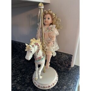ABC Collectibles Porcelain Doll Riding Carousel Horse w/Pole & Base #20781-1980s